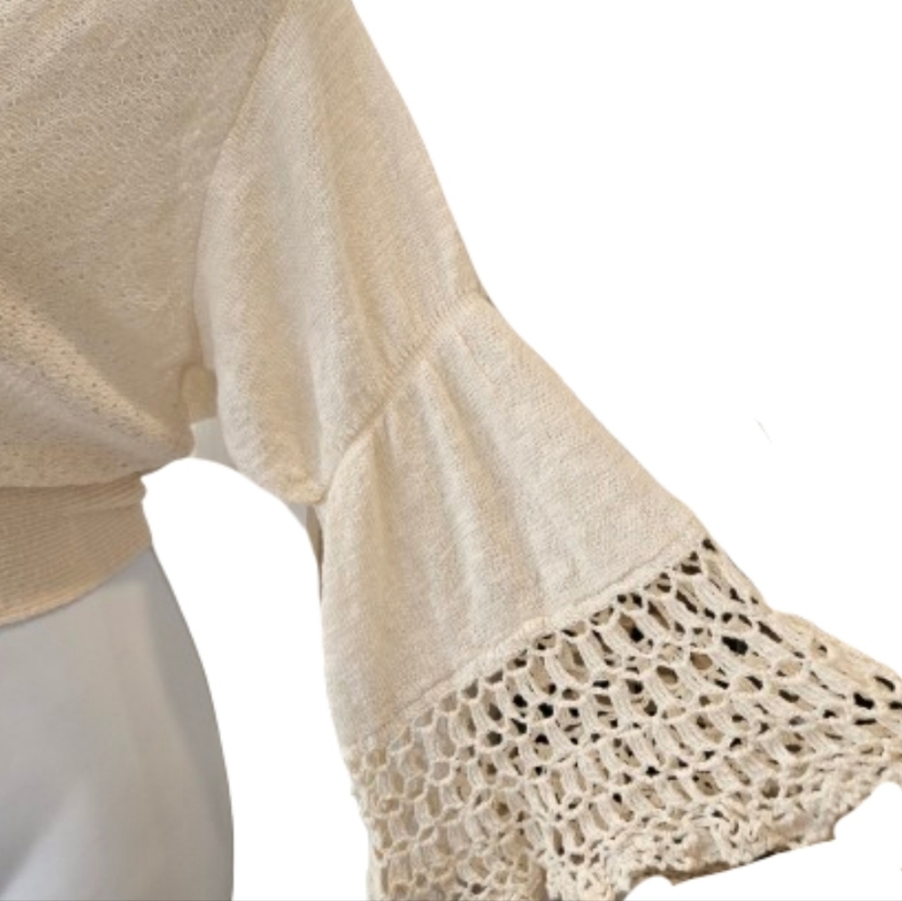 Free People Wrap Tie Top Cream Crochet Bell Sleeve Boho Lightweight S NWT - Picture 4 of 7